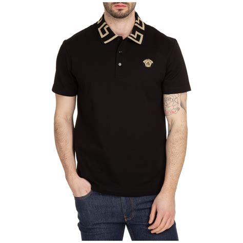 versace shirt button mens short sleeve greca|Greca Polo Shirt Black .